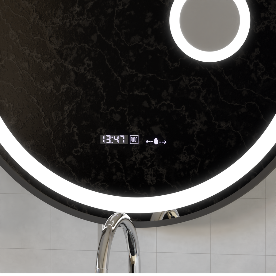 Kerek LED -tükör, 60 cm, Micah Motionglow érzékelő Marcello, leolvasztási rendszer, óra és hőmérő, kozmetikai lupa, dimálható