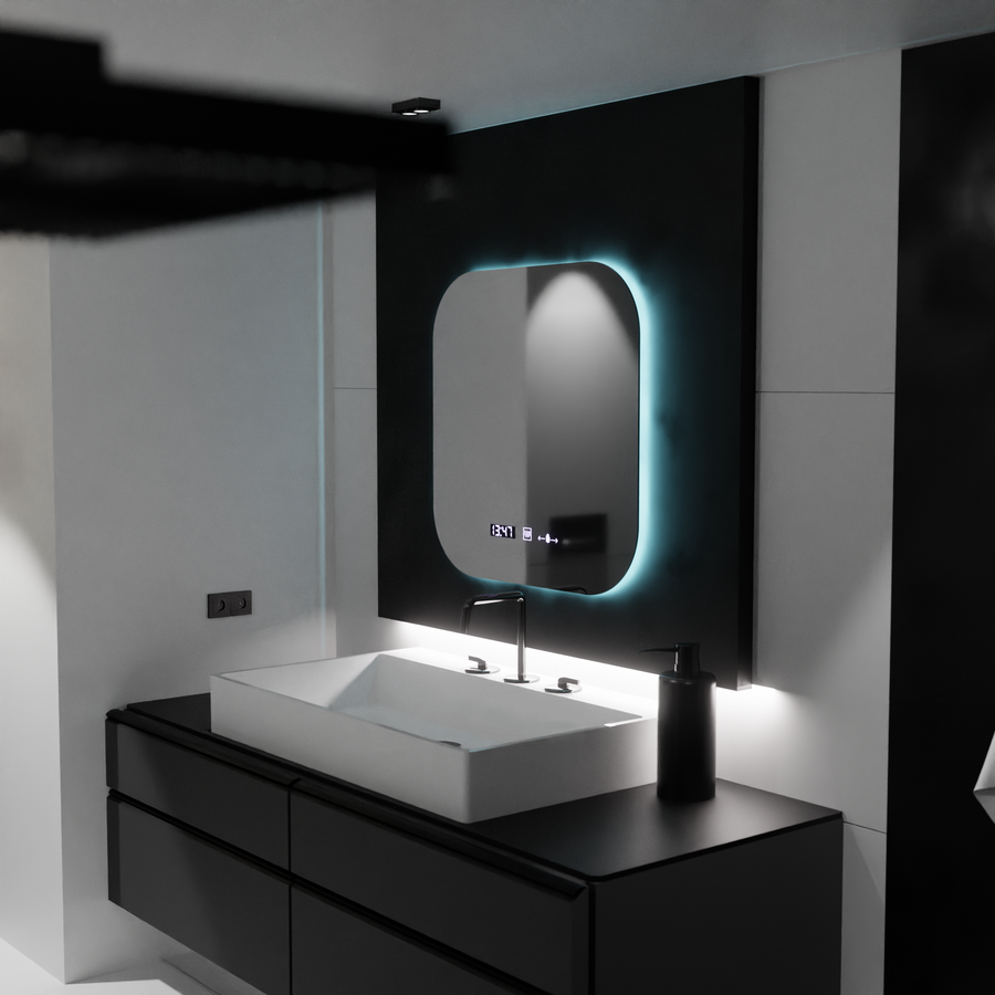 Mirror LED téglalap alakú 60x60 aura riflesso puro mozgásglow marcello, letiltási rendszer, hőmérő és óra