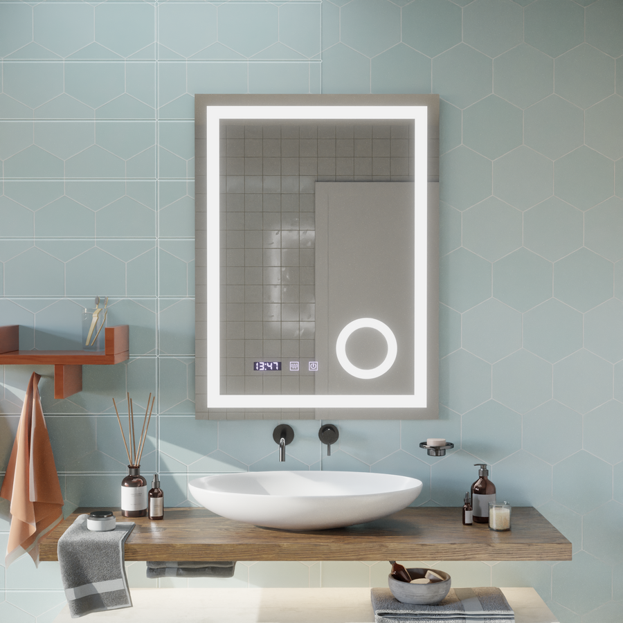 Mirror LED Touch Manfred szennyeződés rendszer, óra és hőmérséklet 60x80 cm kozmetikai nagyítás