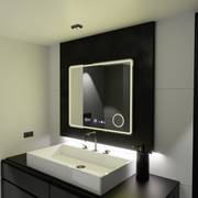 Téglalap alakú LED -tükör, 90x75 cm, riflesso mozgásglow marcello, helyettes rendszer, óra és hőmérő, kozmetikai lup