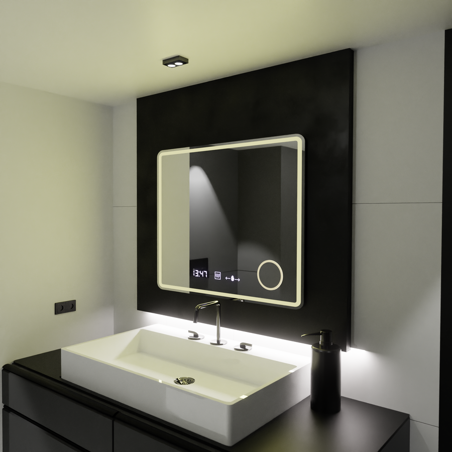 Téglalap alakú LED -tükör, 90x75 cm, riflesso mozgásglow marcello, helyettes rendszer, óra és hőmérő, kozmetikai lup