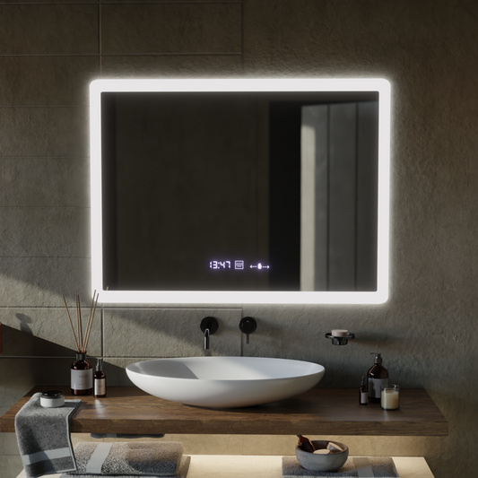 Téglalap alakú LED -tükör, 50x70 cm, Zampa érzékelő mozgásgátló marcello, osztályozó rendszer, óra és hőmérő, dimálható