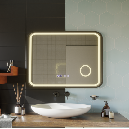 Mirror LED Touch Bernd leolvadó rendszer, óra és hőmérséklet 80x60 cm fekete ecset alap Cosmetica