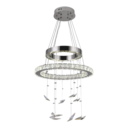 LED -csillár, távirányítóval és Crystal Mia Latifah 70W -vel felfüggesztve, 2 kör, hideg/forró/semleges fény, instabil, fényes króm, állítható magasság