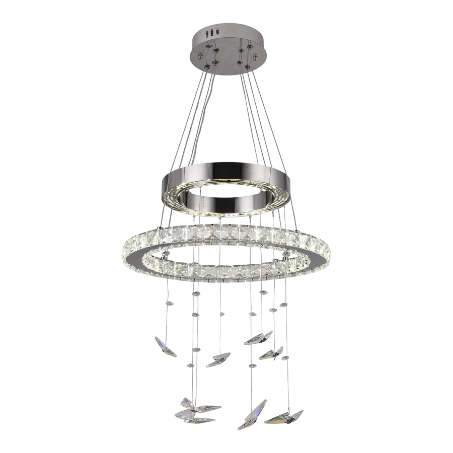 LED -csillár, távirányítóval és Crystal Mia Latifah 70W -vel felfüggesztve, 2 kör, hideg/forró/semleges fény, instabil, fényes króm, állítható magasság