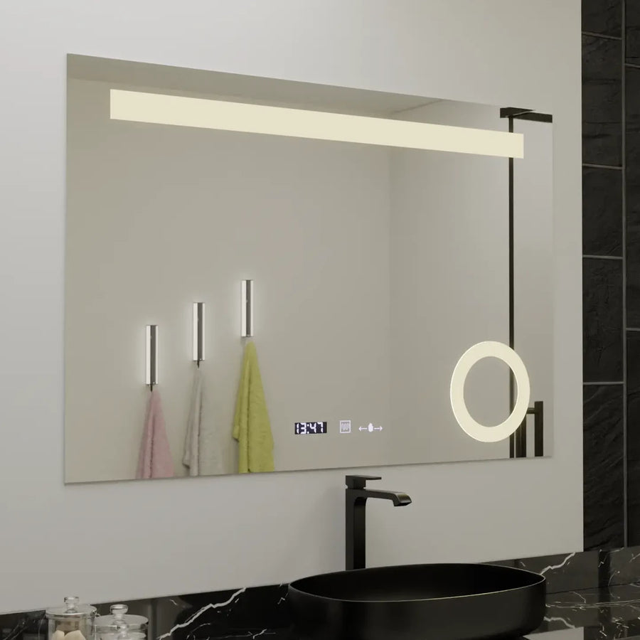 Téglalap alakú LED -tükör, 80x60cm, Absolu MotionGlow Marcello, leolvasztási rendszer, óra és hőmérő, kozmetikai lup