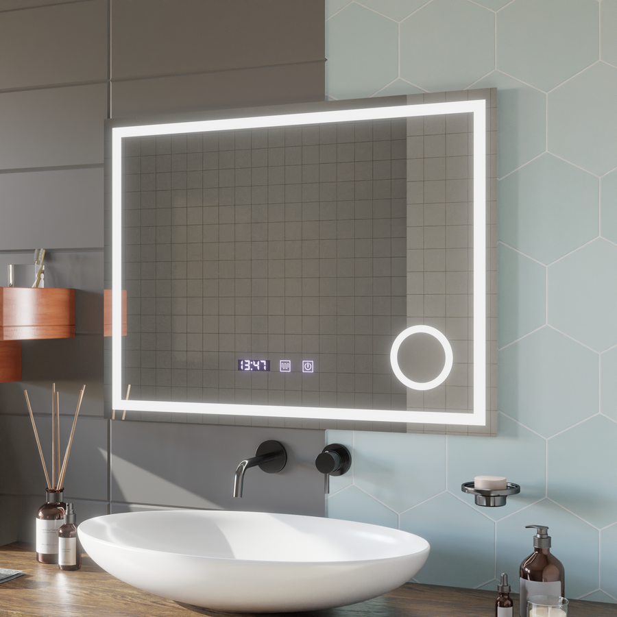 LED Touch Gunter tükör leolvadó rendszer, óra és hőmérséklet 80x60 cm kozmetikai nagyítás