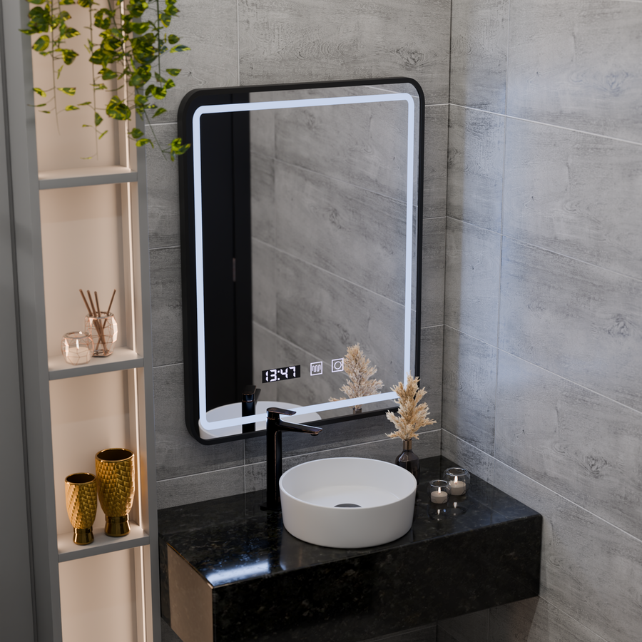 LED Touch Karl tükör -behatolási rendszer, óra és hőmérséklet 50x70 cm -es fekete kefe keret