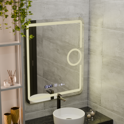 Téglalap alakú LED -tükör, 75x90 cm, ECLAT MotionGlow Marcello, leolvasztási rendszer, óra és hőmérő, kozmetikai lup