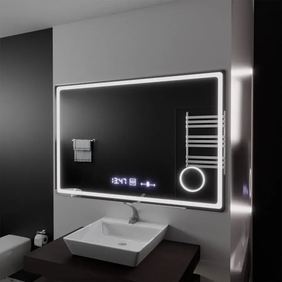 Téglalap alakú LED -tükör, 120x80 cm, Souverain MotionGlow Marcello, leolvasztási rendszer, óra és hőmérő, kozmetikai lupa, dimablable
