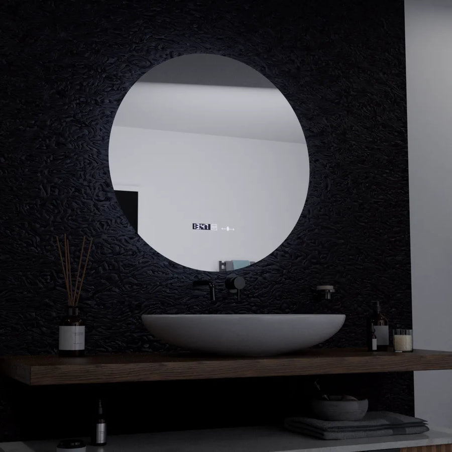 Kerek LED -tükör, 60 cm, Serenit MotionGlow Marcello, Leírásító rendszer, óra és hőmérő, dimálható