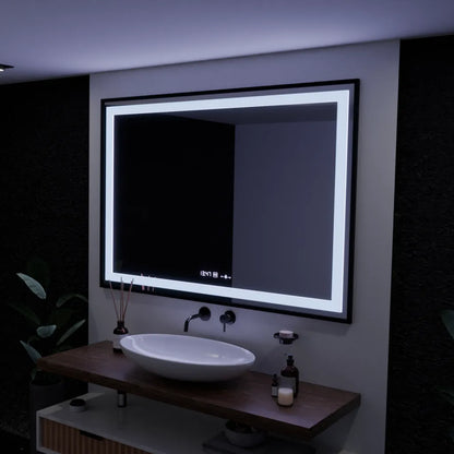 Téglalap alakú LED -tükör, 100x65 cm, Verite Majeste Noir Motion Glow Marcello, behatolási rendszer, óra és hőmérő, dimálható
