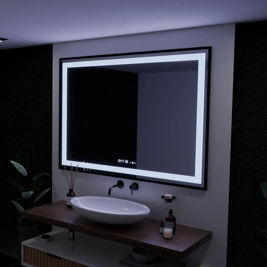 Téglalap alakú LED -tükör, 100x65 cm, Verite Majeste Noir Motion Glow Marcello, behatolási rendszer, óra és hőmérő, dimálható
