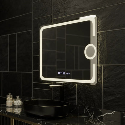 Téglalap alakú LED -tükör, 80x60cm, Eclat MotionGlow Marcello, leolvasztási rendszer, óra és hőmérő, kozmetikai lup