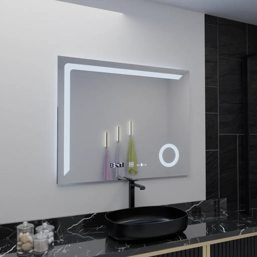 Téglalap alakú LED -tükör, 100x80 cm, precíziós mozgásgátló marcello, letiltási rendszer, óra és hőmérő, kozmetikai nagyító