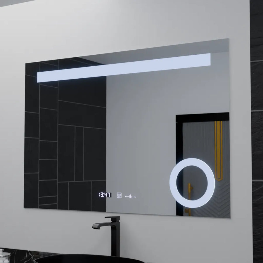 Téglalap alakú LED -tükör, 120x80cm, Absolu MotionGlow Marcello, helyettes rendszer, óra és hőmérő, kozmetikai lup
