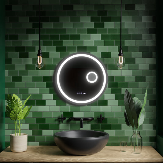 Kerek LED -tükör, 60 cm, Micah Motionglow érzékelő Marcello, leolvasztási rendszer, óra és hőmérő, kozmetikai lupa, dimálható