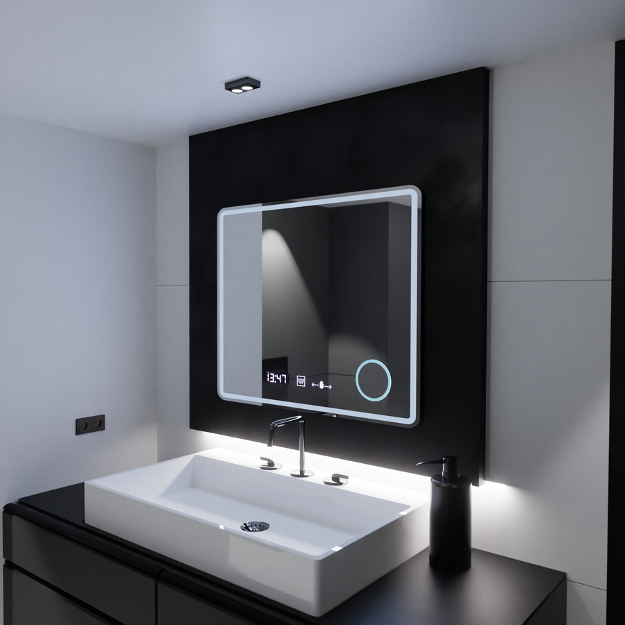 Téglalap alakú LED -tükör, 90x75 cm, riflesso mozgásglow marcello, helyettes rendszer, óra és hőmérő, kozmetikai lup