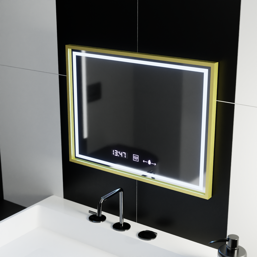 Téglalap alakú LED -tükör, 80x60 cm, Royale Gold MotionGlow Marcello, Deprover, óra és hőmérő, dimálható