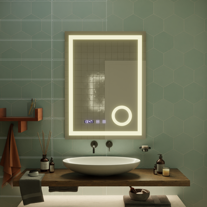 Mirror LED Touch Manfred szennyeződés rendszer, óra és hőmérséklet 60x80 cm kozmetikai nagyítás