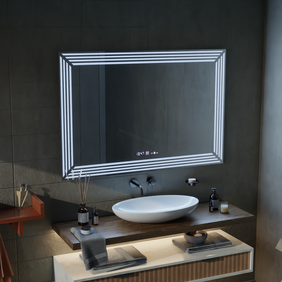 Téglalap alakú LED -tükör, 60x80cm, venezia érzékelő mozgásglow marcello, leolvasztási rendszer, óra és hőmérő, dimálható