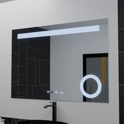 Téglalap alakú LED -tükör, 100x75 cm, absidu mozgásglow marcello, helyettes rendszer, óra és hőmérő, kozmetikai lup