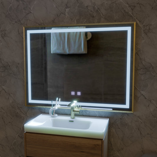 LED Touch Kariri tükör, 80x60 cm, leolvasztási funkció, arany rózsacsiszolt keret