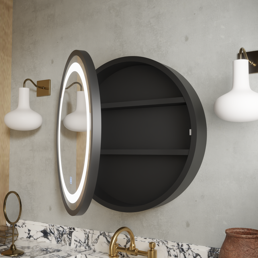 LED -tükör szekrény, kerek, 50x50 cm, fogyatékosság, hideg/forró/semleges fény, fekete keret, tárolóhely