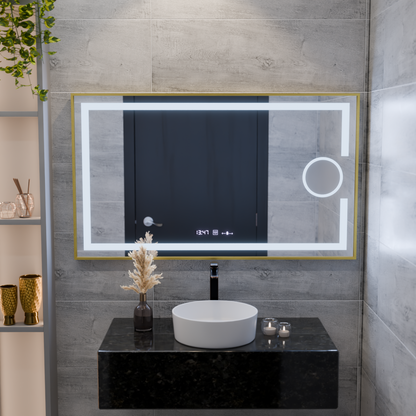 Téglalap alakú LED -tükör, 110x65cm, ECLAT MotionGlow Marcello, leolvasztási rendszer, óra és hőmérő, kozmetikai lup