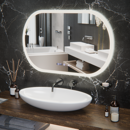 Ovális LED -tükör, 80x50 cm, MotionGlow Marcello érzékelő, letiltási rendszer, óra