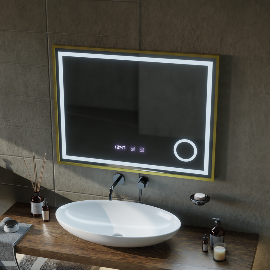 Mirror LED Touch Rolf Rolf Systems, óra és hőmérséklet 80x60 cm Arany Ramahed Cosmetics Lup