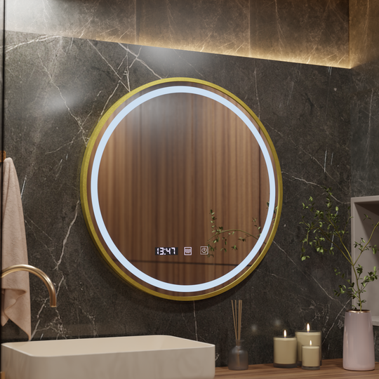 Mirror LED Touch LUSSO páramentesítő rendszer, óra és hőmérséklet, 70 cm, szálcsiszolt arany keret Tükrök Korman S Alapértelmezett cím Alessandro Design