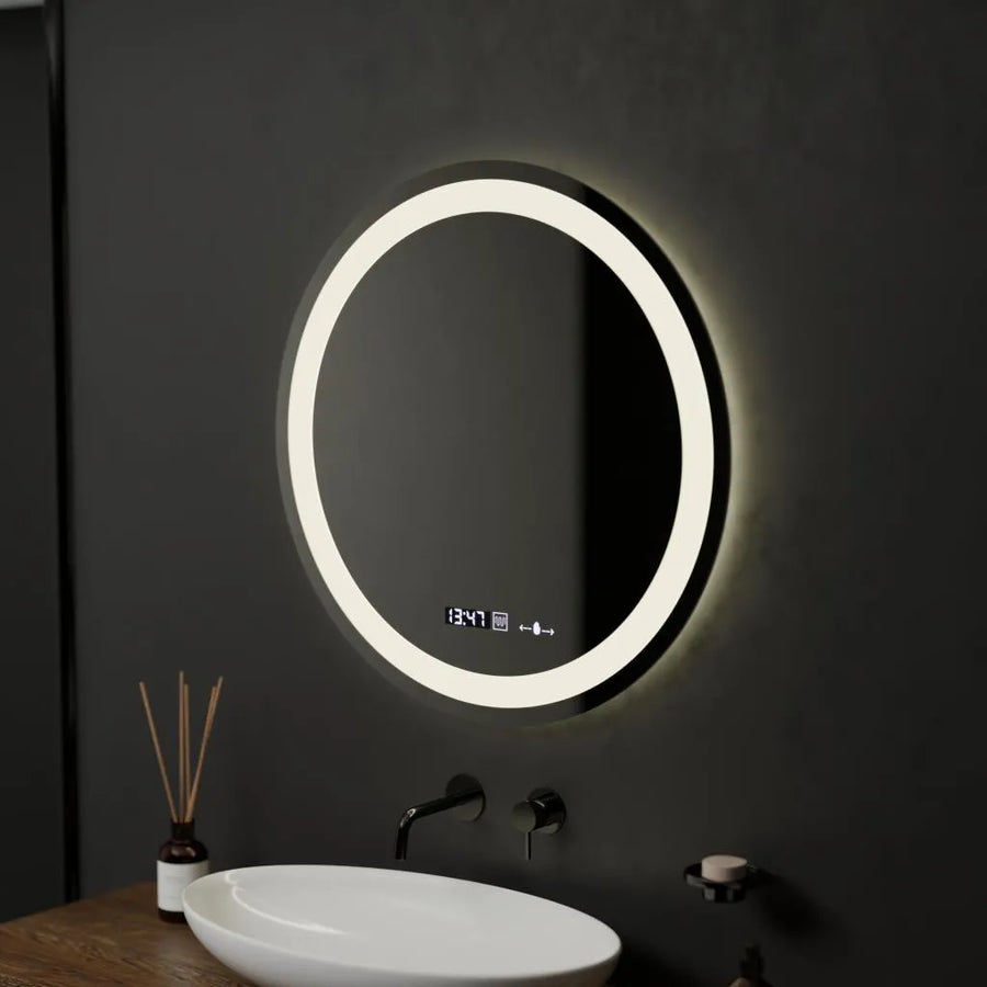 Kerek LED -tükör, 60 cm, Celeste Motionglow Marcello, helyettes rendszer, óra és hőmérő, dimálható