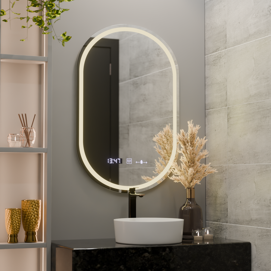 Ovális LED -tükör, 60x80 cm, kiemelt mozgásgátló marcello, helyettes rendszer, óra és hőmérő, dimálható