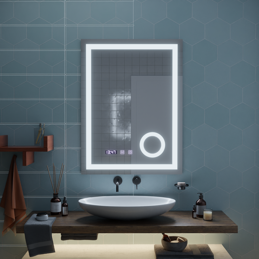 Mirror LED Touch Manfred szennyeződés rendszer, óra és hőmérséklet 60x80 cm kozmetikai nagyítás