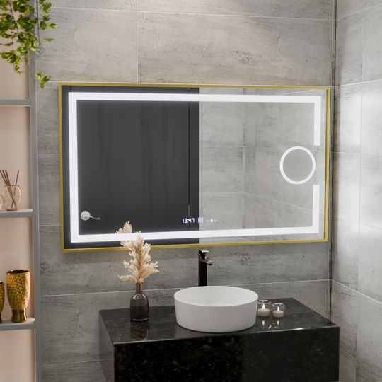 Négyszögletű LED tükör, 120x80 cm, Eclat MotionGlow Marcello, páramentesítő rendszer, óra és hőmérő, kozmetikai nagyító, szabályozható, szálcsiszolt arany keret Marcello tükrök alapértelmezett cím Alessandro Design