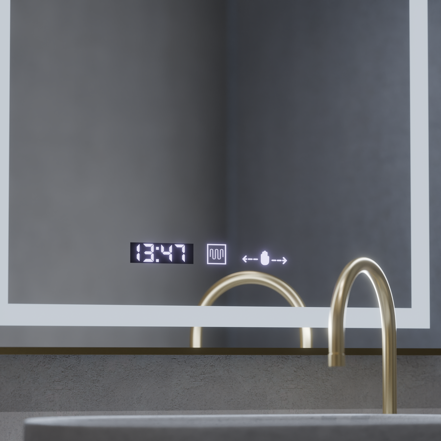 Téglalap alakú LED -tükör, 60x80 cm, Royale Gold MotionGlow Marcello, szünetrendszer, óra és hőmérő, dimálva