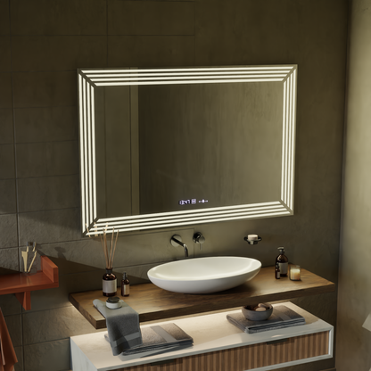 Téglalap alakú LED -tükör, 60x80cm, venezia érzékelő mozgásglow marcello, leolvasztási rendszer, óra és hőmérő, dimálható