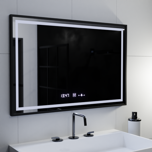 Téglalap alakú LED -tükör, 120x80cm, Verite Majeste Noir Motion Glow Marcello, leolvasztási rendszer, óra és hőmérő, dimálható