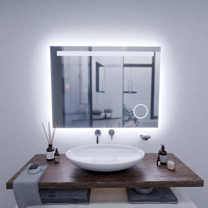 Téglalap alakú LED tükör, 80x60 cm, Piano Touch, Páramentesítő rendszer, Tompítható, Hideg fény 6000K