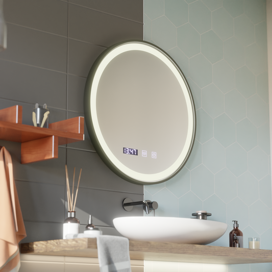 LED érintőtükör NOVARA páramentesítő rendszer, óra és hőmérséklet 80 cm szálcsiszolt fekete keret