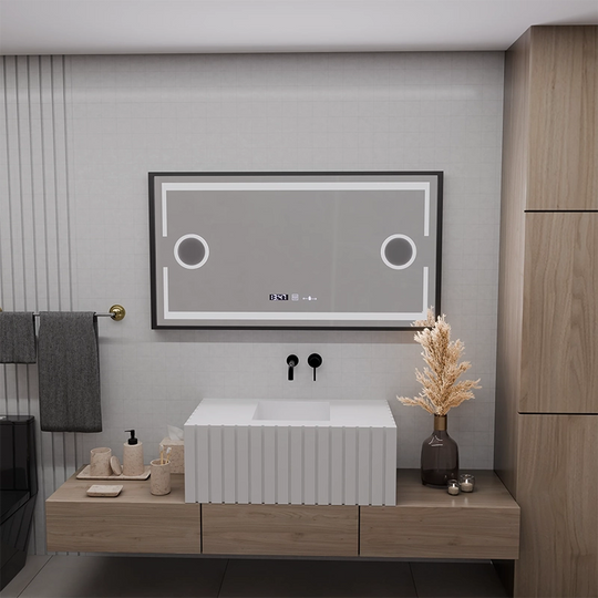 LED tükör MotionGlow Domingo érzékelő páramentesítő funkcióval hőmérő óra 120x65 cm hideg/meleg/semleges fény szabályozható, szálcsiszolt fekete keret, Marcello Funghi kollekció