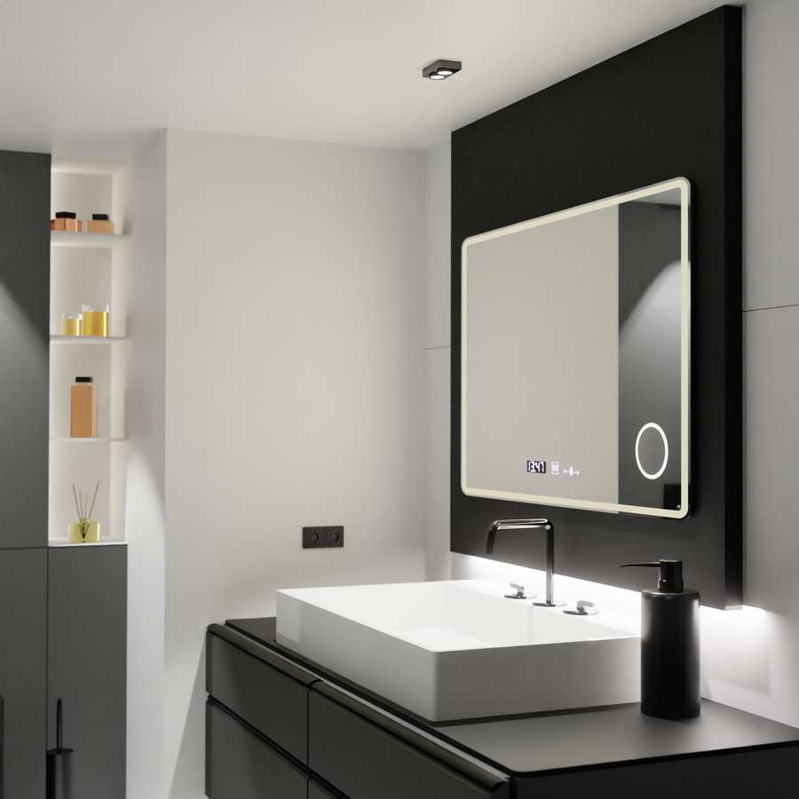 Mirror LED téglalap alakú 120x80 aura riflesso puro mozgásglow marcello, leolvasztási rendszer, hőmérő és óra, dimálható