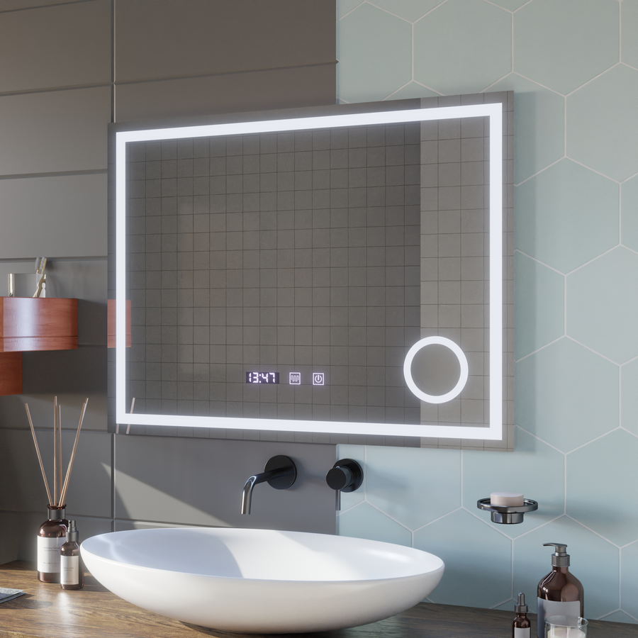 LED Touch Gunter tükör leolvadó rendszer, óra és hőmérséklet 80x60 cm kozmetikai nagyítás