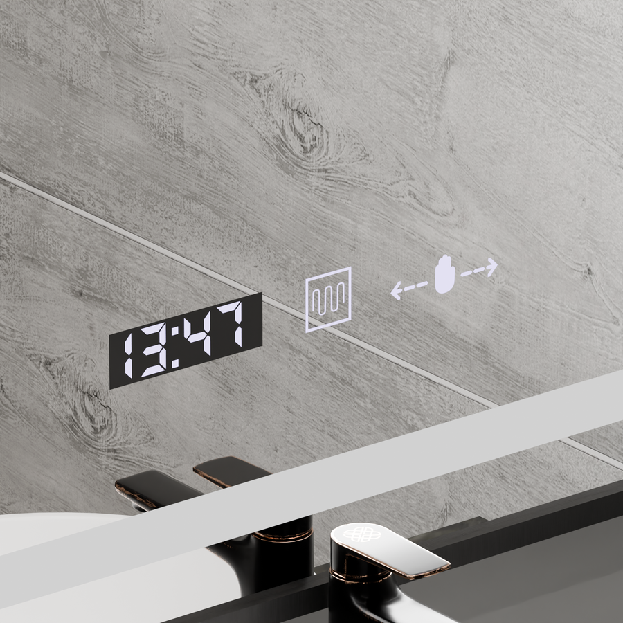 Téglalap alakú LED -tükör, 60x80cm, Verite Majeste Noir Motion Glow Marcello, Leírásos rendszer, óra és hőmérő, dimálható