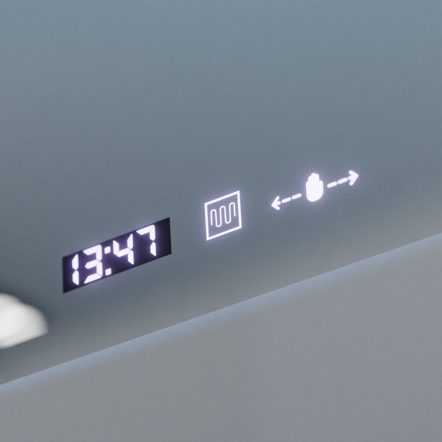Téglalap alakú LED -tükör, 120x80cm, Specchio MotionGlow Marcello, Disfiguration System, óra és hőmérő, Daimable