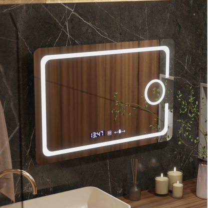 Téglalap alakú LED -tükör, 110x75 cm, Eclat MotionGlow Marcello, helyettes rendszer, óra és hőmérő, kozmetikai lup