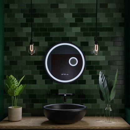 Kerek LED -tükör, 60 cm, Micah Motionglow érzékelő Marcello, leolvasztási rendszer, óra és hőmérő, kozmetikai lupa, dimálható
