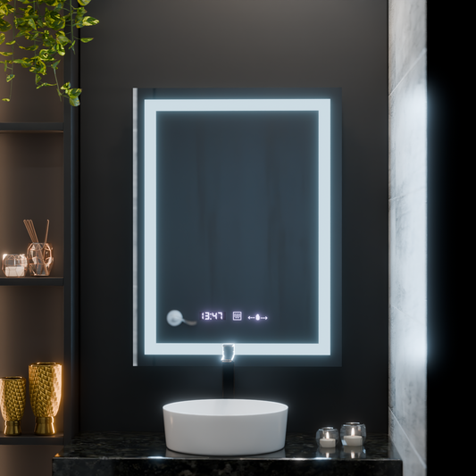 Téglalap alakú LED -tükör, 60x80 cm, Verite MotionGlow Marcello, helyettes rendszer, óra és hőmérő, dimálható
