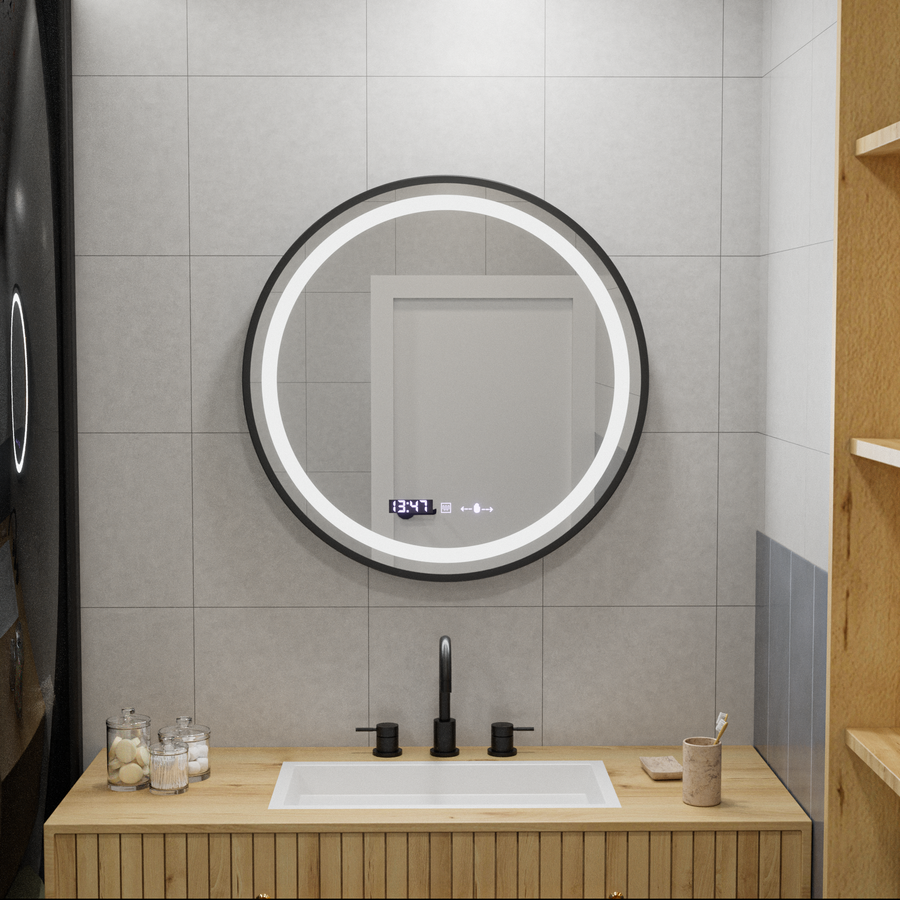 Kerek LED -tükör, 70 cm, Celeste Majeste Noir Motionglow Marcello, behatolási rendszer, óra és hőmérő, dimálható